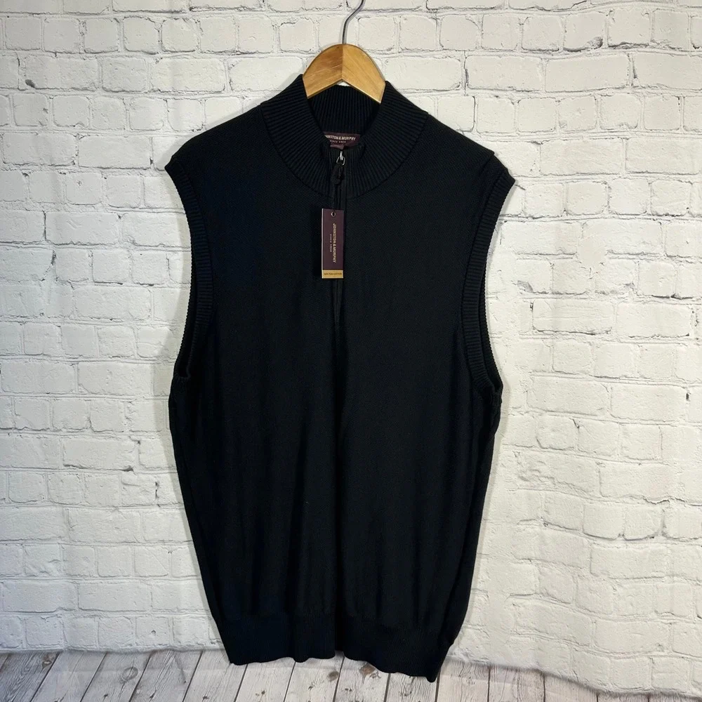 Johnston‎ & Murphy Mens XL Black 100% Pima Cotton Quarter Zip Sweater Vest